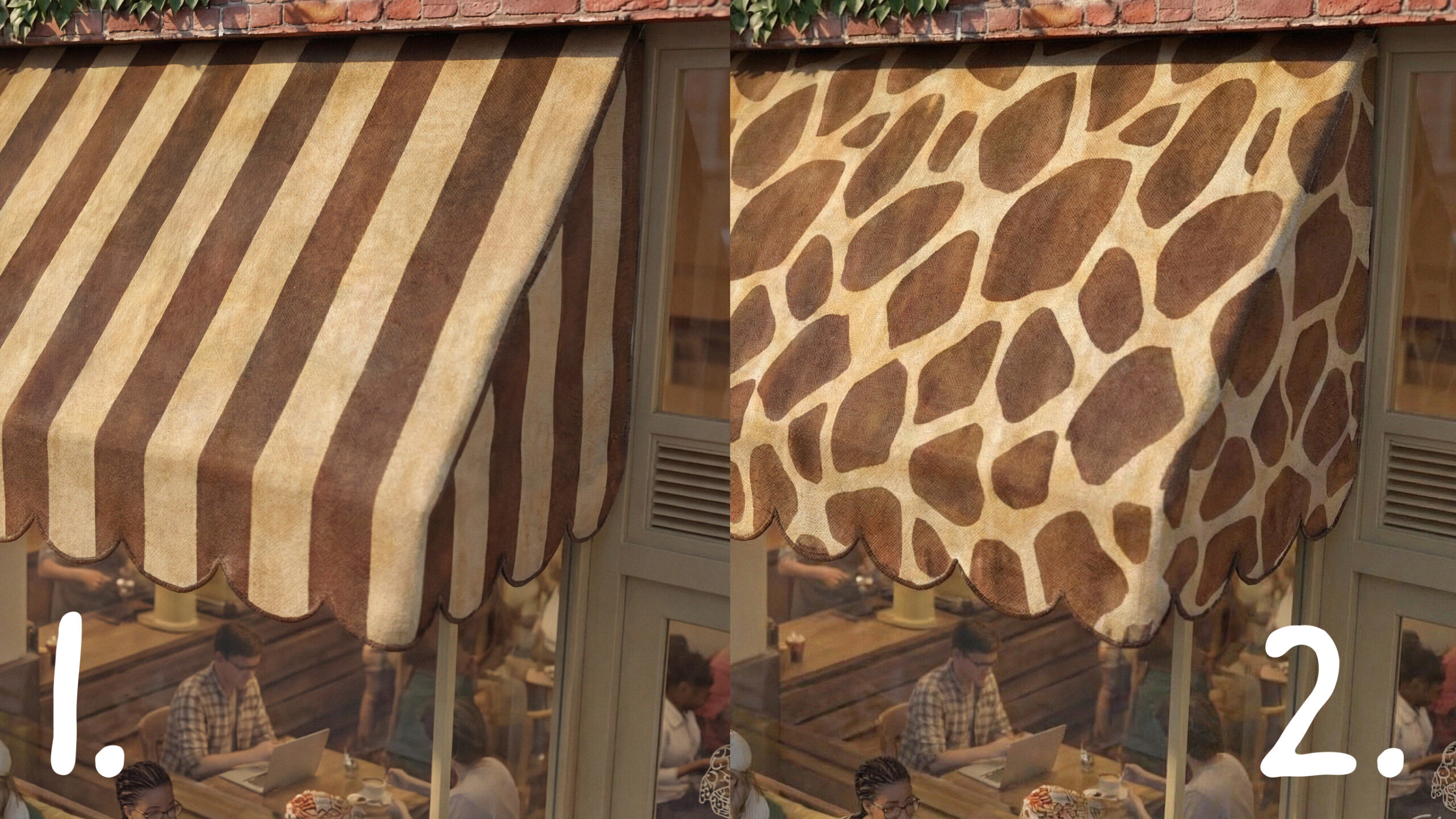 Vergleich zwischen einer gestreiften und einer Giraffenmuster-Markise am Café.