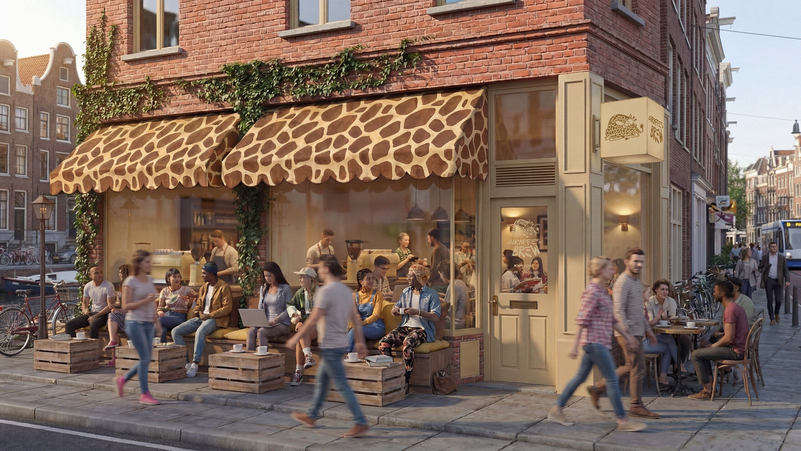Belebtes Eck-Café „Giraffe’s Brew“ mit markanten Giraffenmuster-Markisen.
